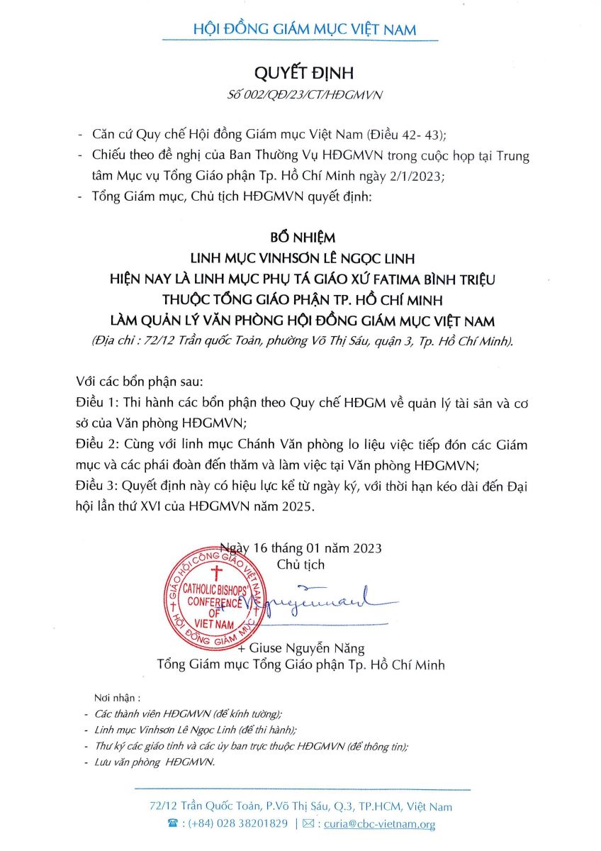 Hội đồng Giám mục Việt Nam bổ nhiệm nhân sự